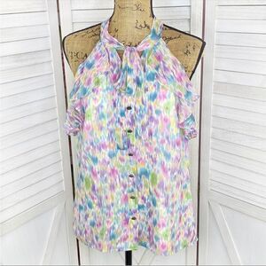 Gianni Bini Watercolor Ruffled Racerback Halter Blouse White Multicolor Medium